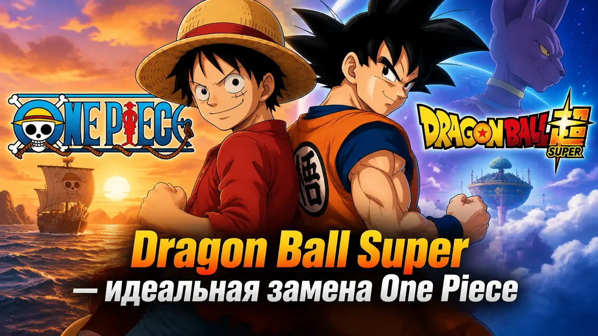 Луффи из One Piece и Гоку из Dragon Ball Super стоят спина к спине на фоне логотипов двух аниме