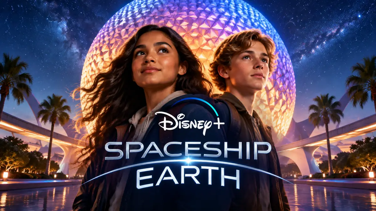 Постер сериала Spaceship Earth: подростки на фоне сияющей сферы EPCOT и звёздного неба, логотип Disney+