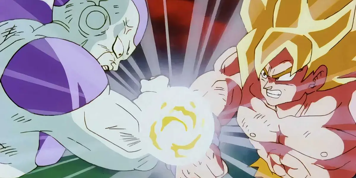 Frieza and Super Saiyan Goku clash on Planet Namek in Dragon Ball Z.