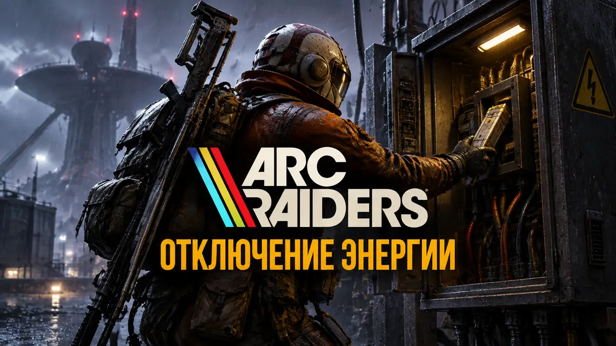 Рейдер ARC Raiders у электроподстанции под дождём, квест «Отключение энергии», постер в стиле игры