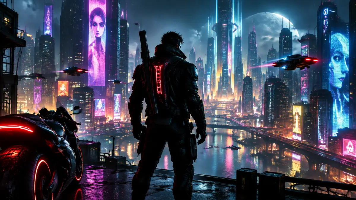 Киберпанк арт с футуристическим наемником на фоне неонового ночного города Cyberpunk 2