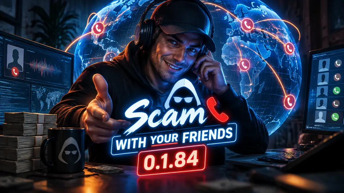 Мошенник в наушниках у светящегося глобуса с линиями звонков, логотип Scam With Your Friends в неоне
