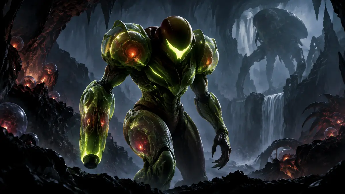 Самус Аран в зелёном органическом костюме Metroid на фоне мрачных пещер планеты ZDR, стиль Metroid Dread
