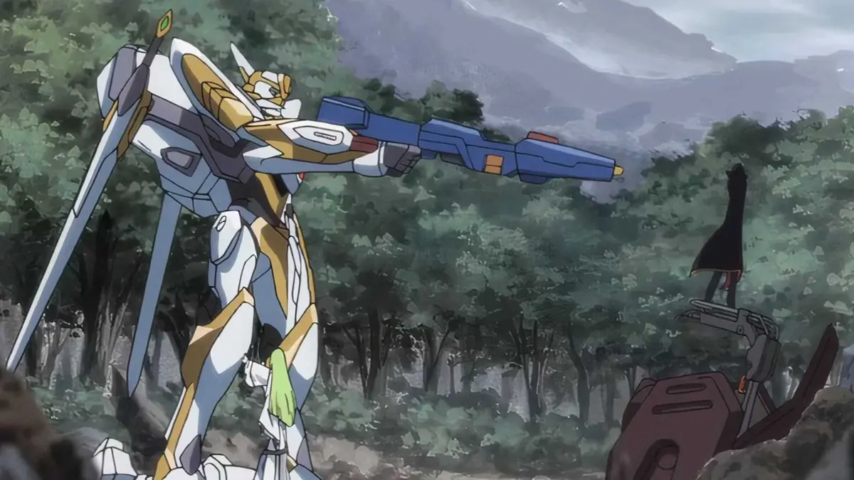 Lelouch vi Britannia (Zero), C.C. and the Lancelot Knightmare Frame in Code Geass Season One.