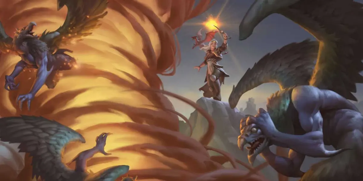 A Dungeons & Dragons wizard stands on a ledge and summons a fire tornado to defeat a cluster of foes in DnD 5e