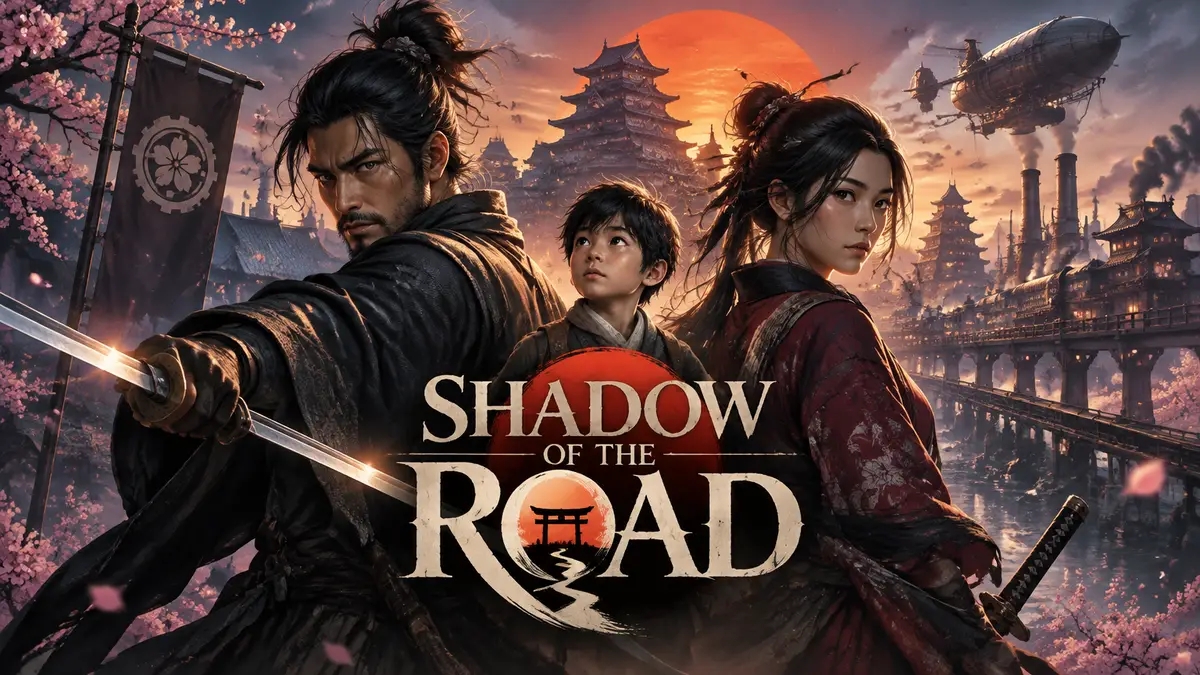 Ронины Сатору и Акира с мальчиком на фоне стимпанковой Японии, постер CRPG Shadow of the Road