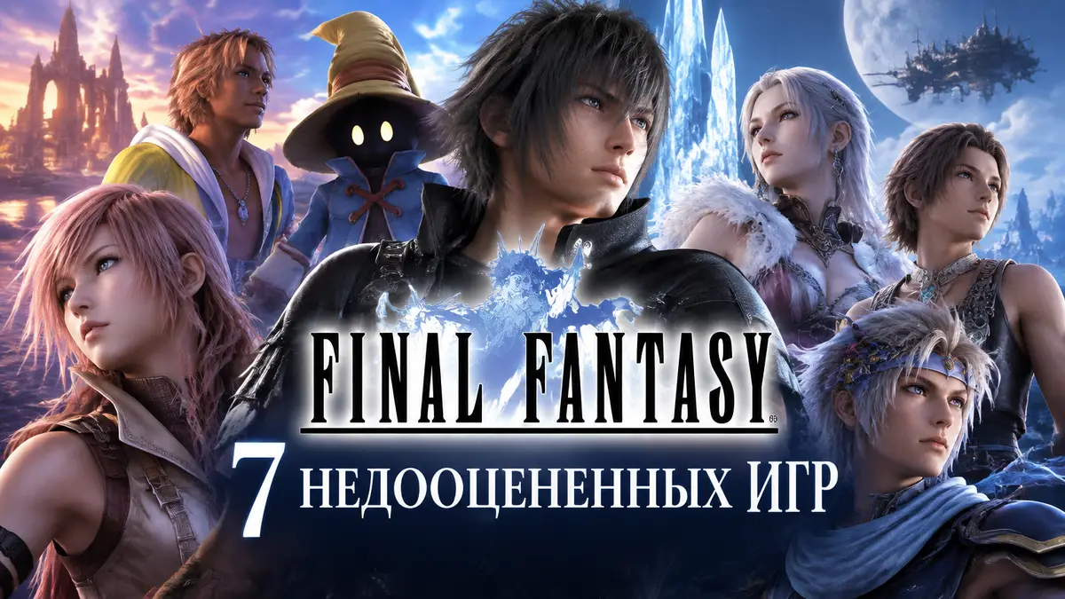 Коллаж с героями недооцененных частей серии Final Fantasy и фирменным логотипом
