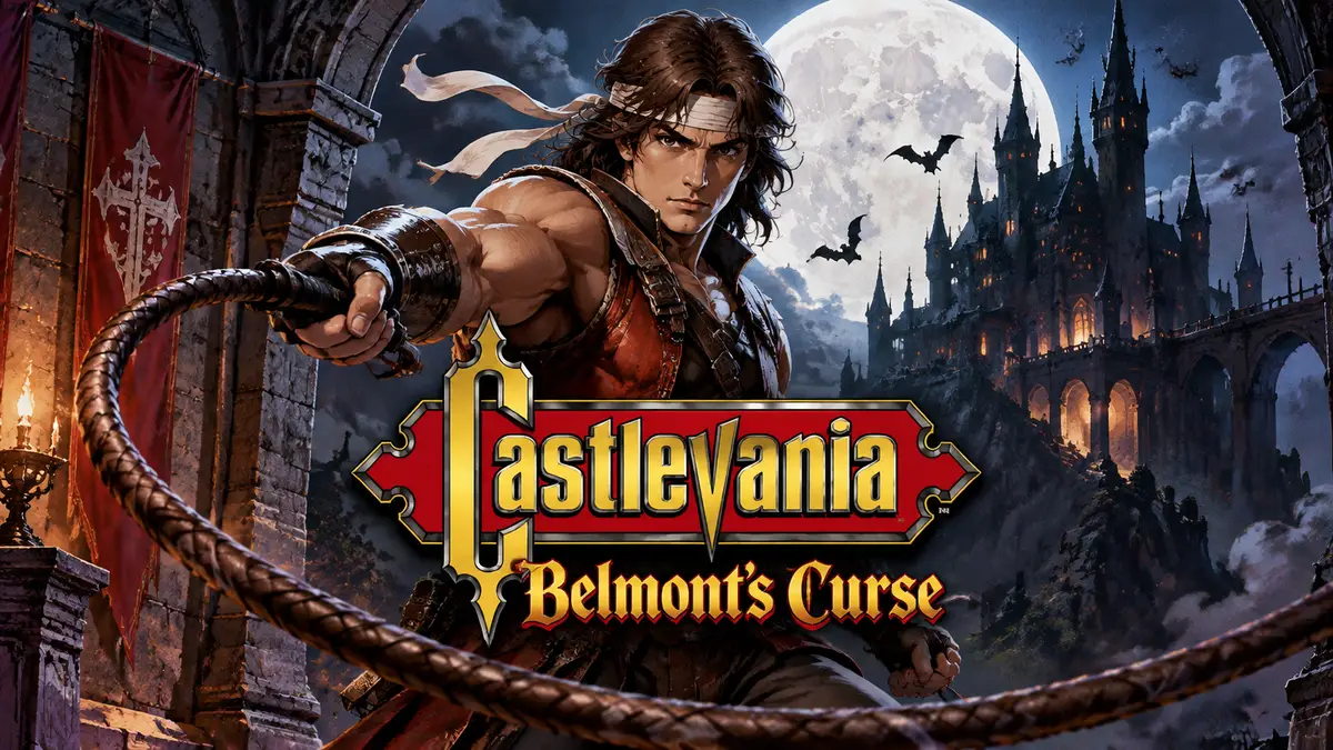 Тревор Бельмонт с кнутом в готическом замке на фоне луны, ключевой арт Castlevania: Belmont’s Curse