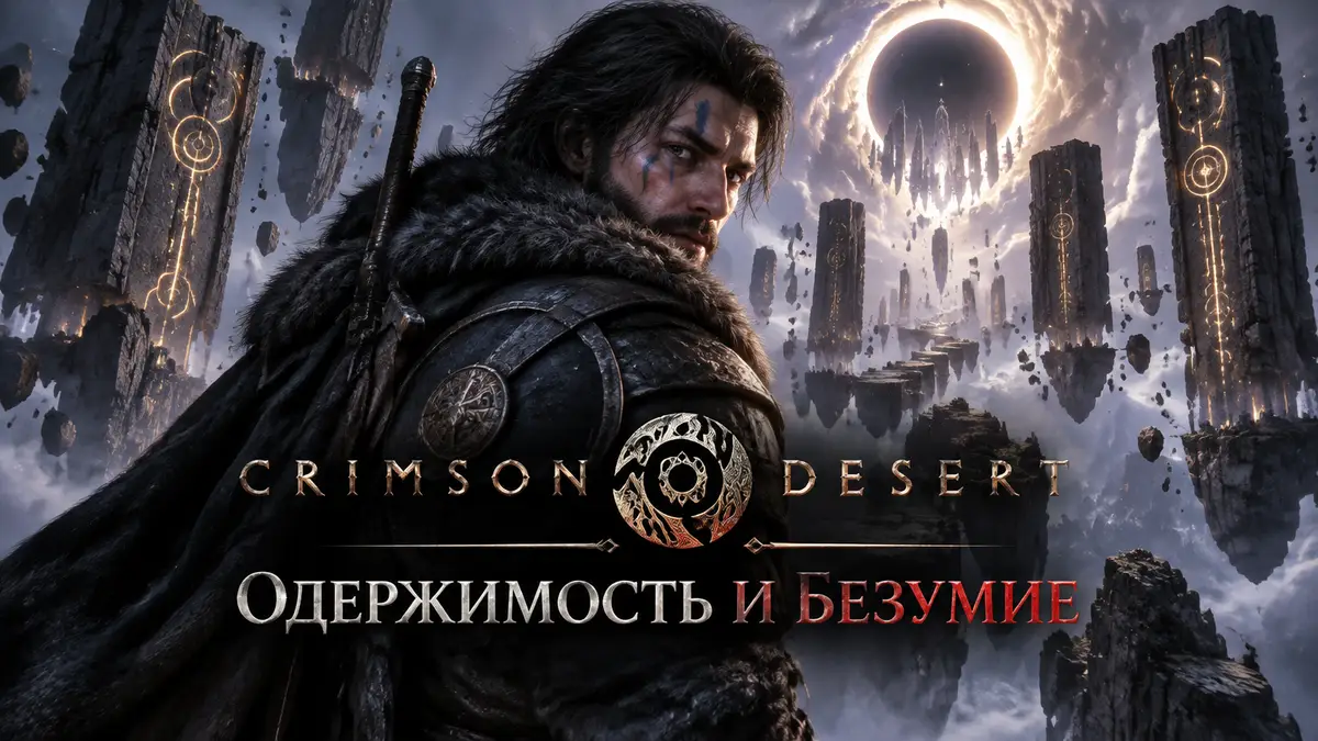 Kliff у парящих каменных столпов в Бездне, постер Crimson Desert «Одержимость и безумие»