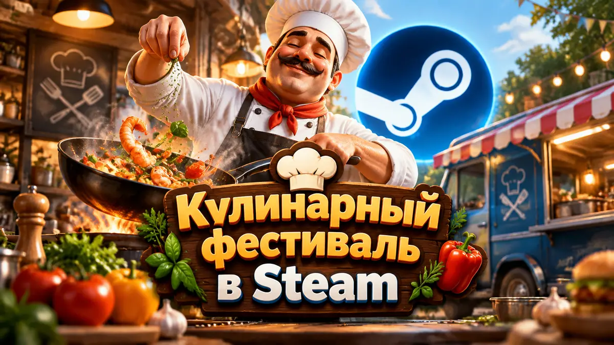 Шеф-повар с дымящейся сковородой в уютной кухне кафе, рядом фудтрак и логотип Steam, кулинарный фестиваль