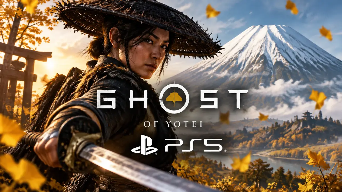 Главная героиня игры Ghost of Yotei с катаной на фоне горы Йотей логотип PS5