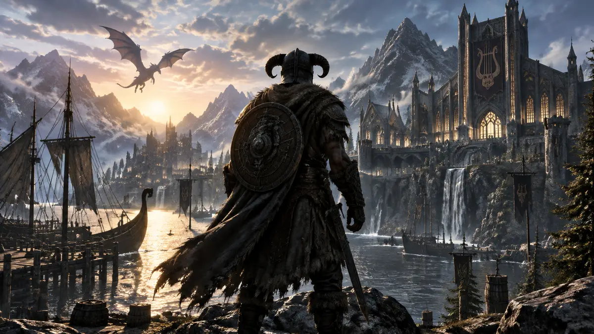 Довакин в рогатом шлеме на фоне гавани и коллегии бардов Skyrim, логотип The Elder Scrolls V для PS5