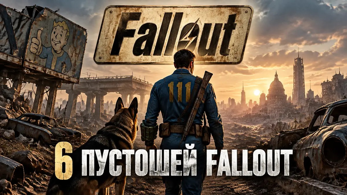 Выживший в синем комбинезоне убежища с собакой на фоне руин пустоши Fallout и логотипа серии