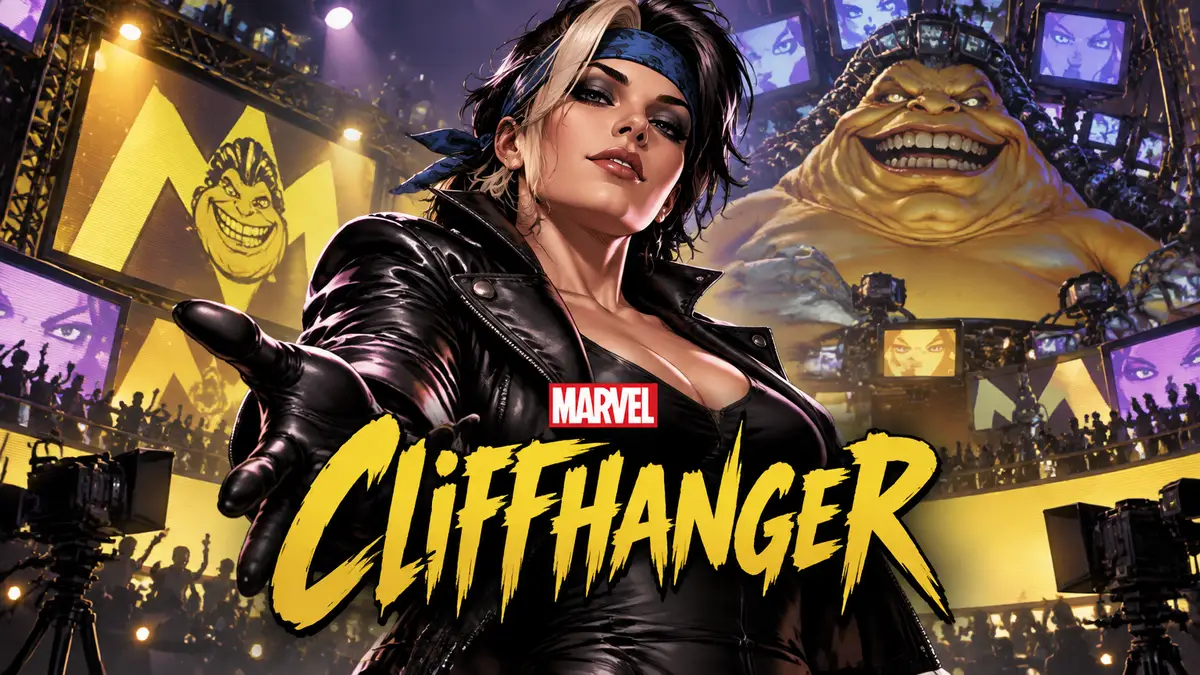 Cliffhanger из комиксов Marvel X-Men в чёрной кожаной куртке и синей бандане на фоне телестудии Моджо