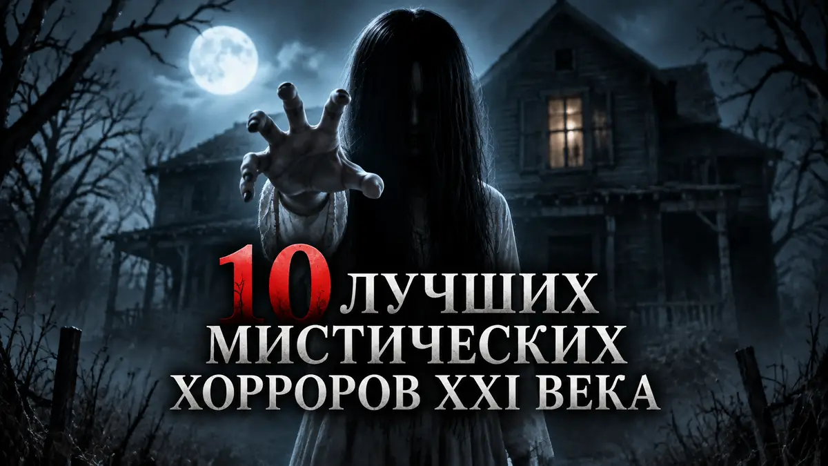 Постер мистического хоррора с силуэтом призрака на фоне темного заброшенного дома