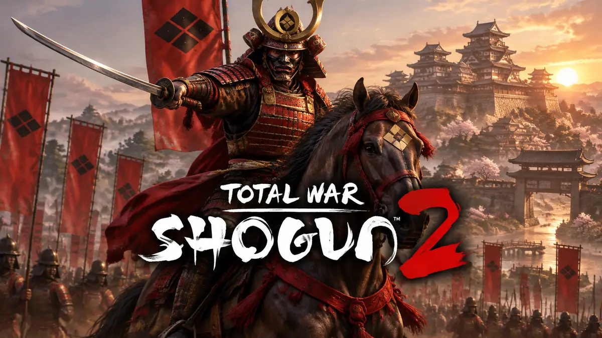 Самурай клана Takeda на коне с катаной на фоне замка Kyoto в стиле Total War: Shogun 2