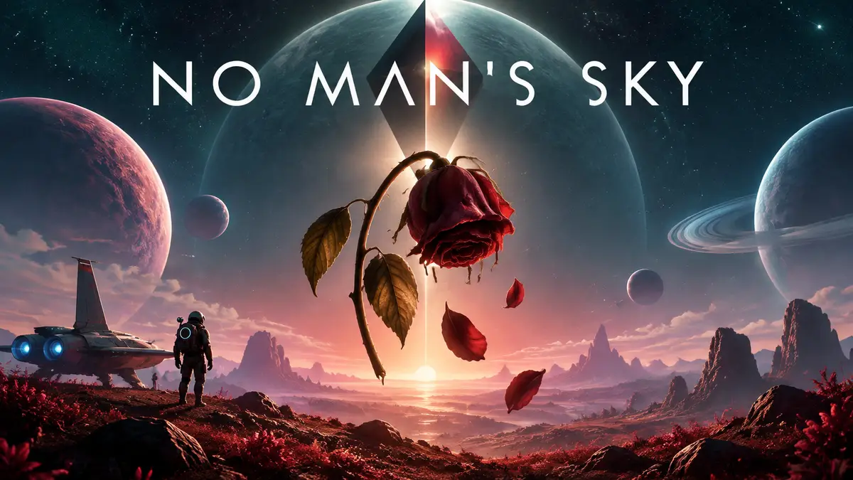 Увядающая роза парит над инопланетной планетой No Man's Sky на фоне звёздного неба и логотипа игры