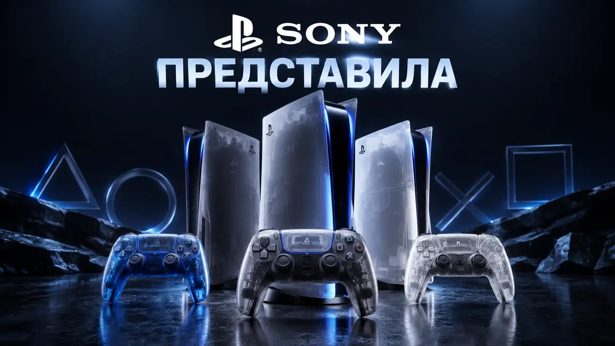 Полупрозрачные консоли PlayStation 5 и геймпады DualSense из линейки Prism на темном фоне