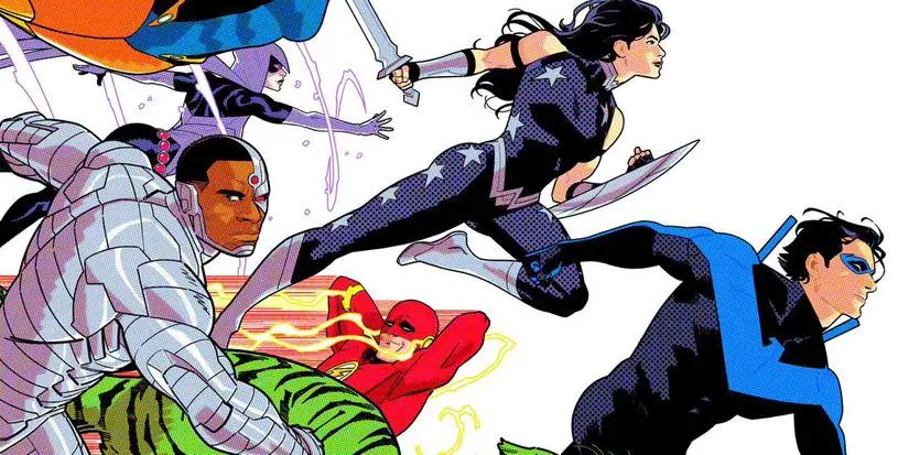 The Titans run together on artist Bruno Redondo's cover illustrated for Nightwing #101.