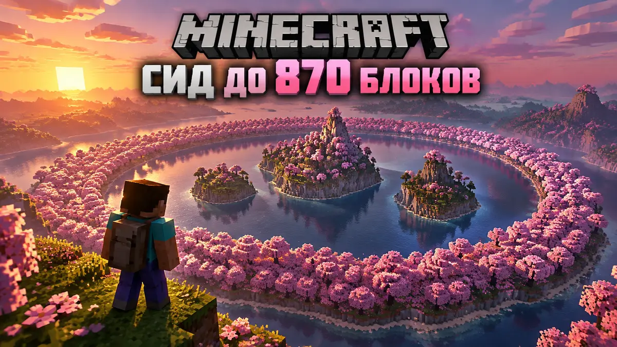 Гигантское кольцо розовой вишнёвой рощи Minecraft с тремя островами в центре, кубический стиль, закат