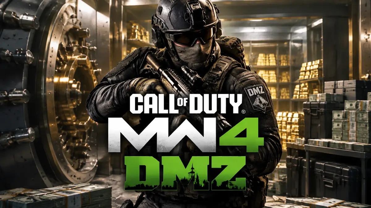 Экипированный оперативник с оружием в руках на фоне хранилища банка в Call of Duty DMZ