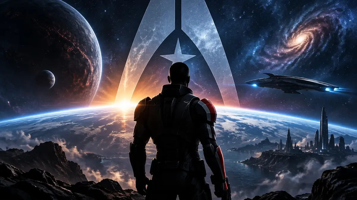Командор в броне N7 на фоне звёздного неба и логотипа Mass Effect, вдали силуэт корабля Normandy