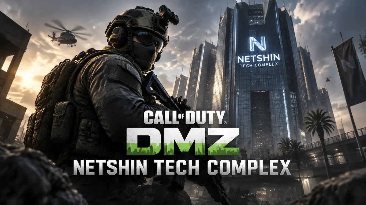 Боец в тактическом снаряжении у высотки Netshin Tech Complex в стиле Call of Duty: Modern Warfare 4 DMZ