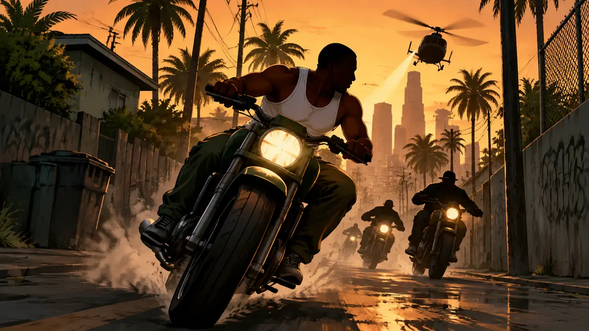 CJ из GTA: San Andreas на мотоцикле в погоне по переулкам Grove Street, стиль постера GTA