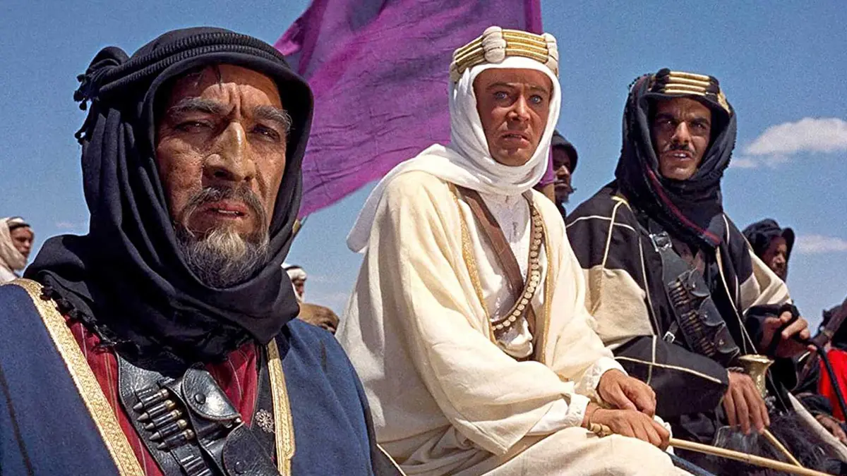 Peter O'Toole, Omar Sharif, and Anthony Quinn look perplexed in Lawrence of Arabia.