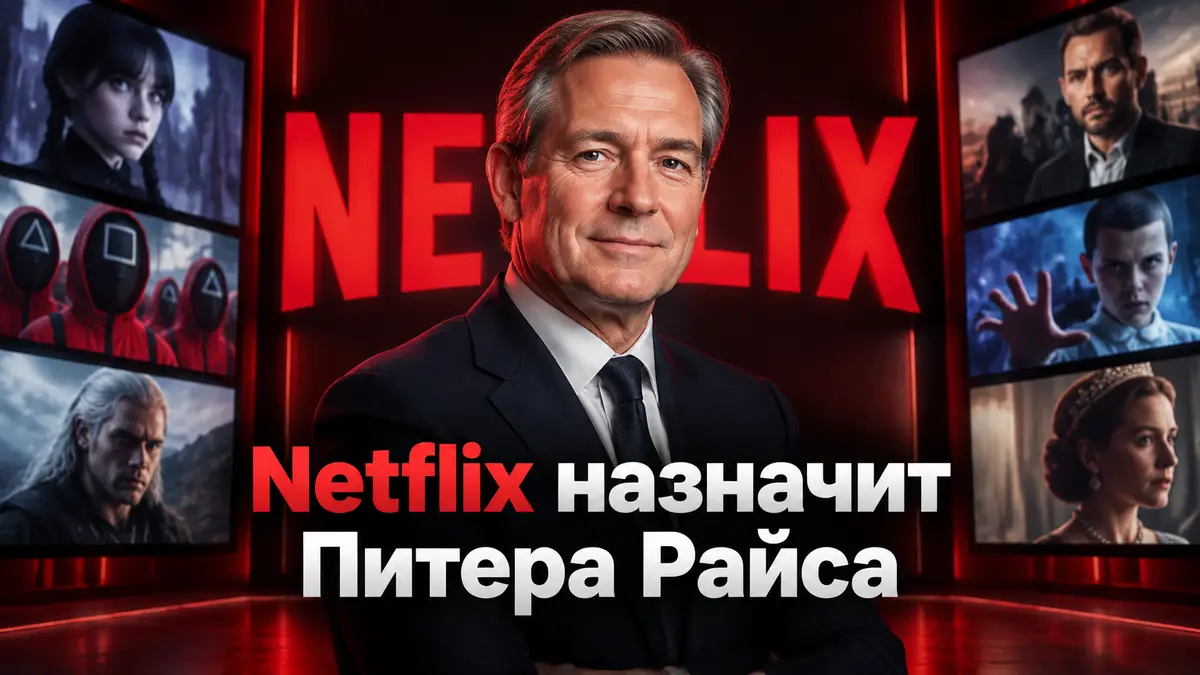 Питер Райс в деловом костюме на фоне красного логотипа Netflix и экранов с кадрами сериалов и фильмов