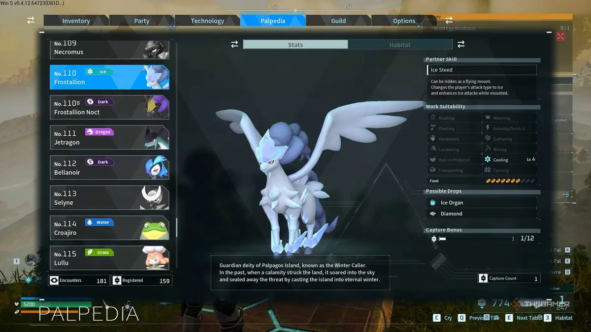 The player is checking Frostallion's Palpedia entry in Palworld.
