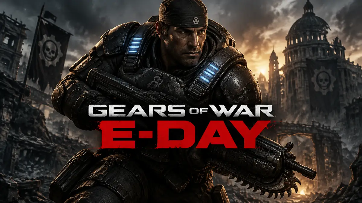 Солдат COG в тяжёлой броне с лансером на фоне разрушенного города, логотип Gears of War: E-Day