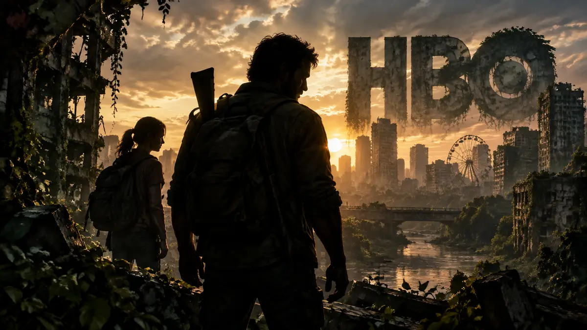 Джоэл из The Last of Us на фоне заросшего города, рядом силуэт Элли и логотип сериала HBO