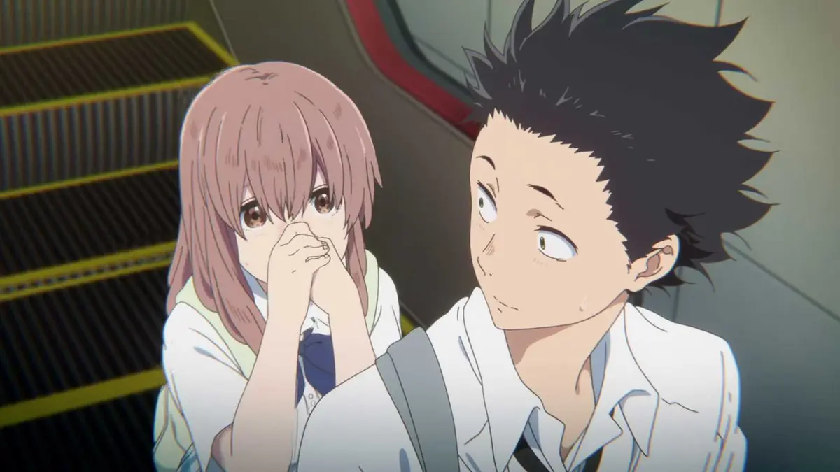 Shoko bumps into Shoya on the escalator in A Silent Voice.