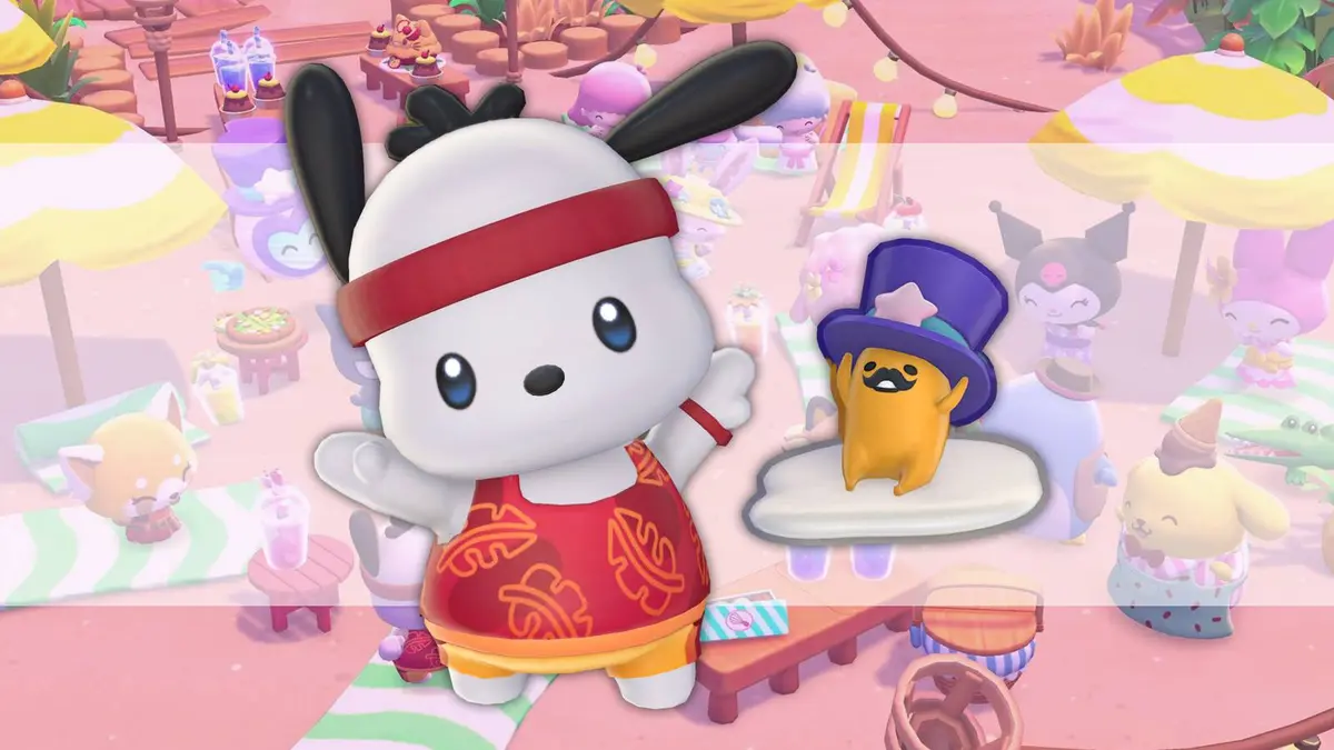 Pochacco and Tophat Gudetama in Hello Kitty Island Adventure.