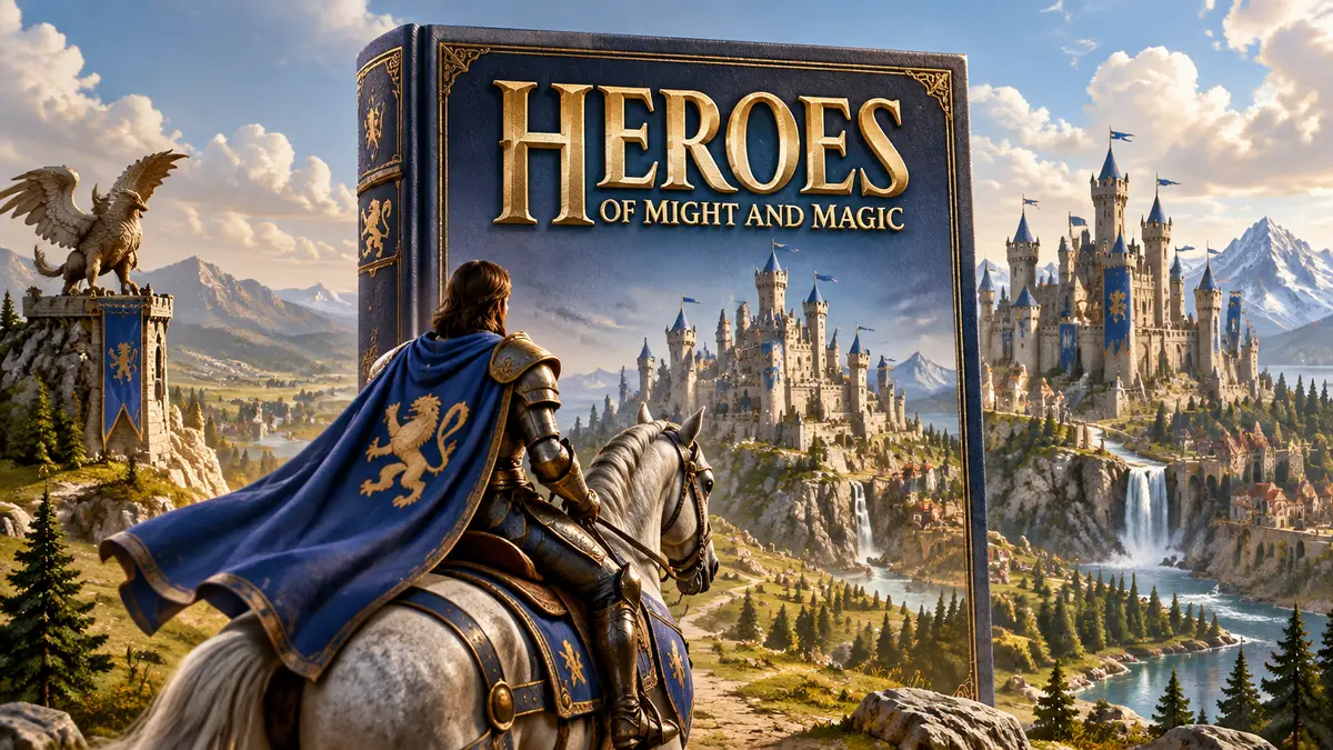Обложка книги о Heroes of Might and Magic: герой на коне у фэнтезийного замка в стиле серии HoMM