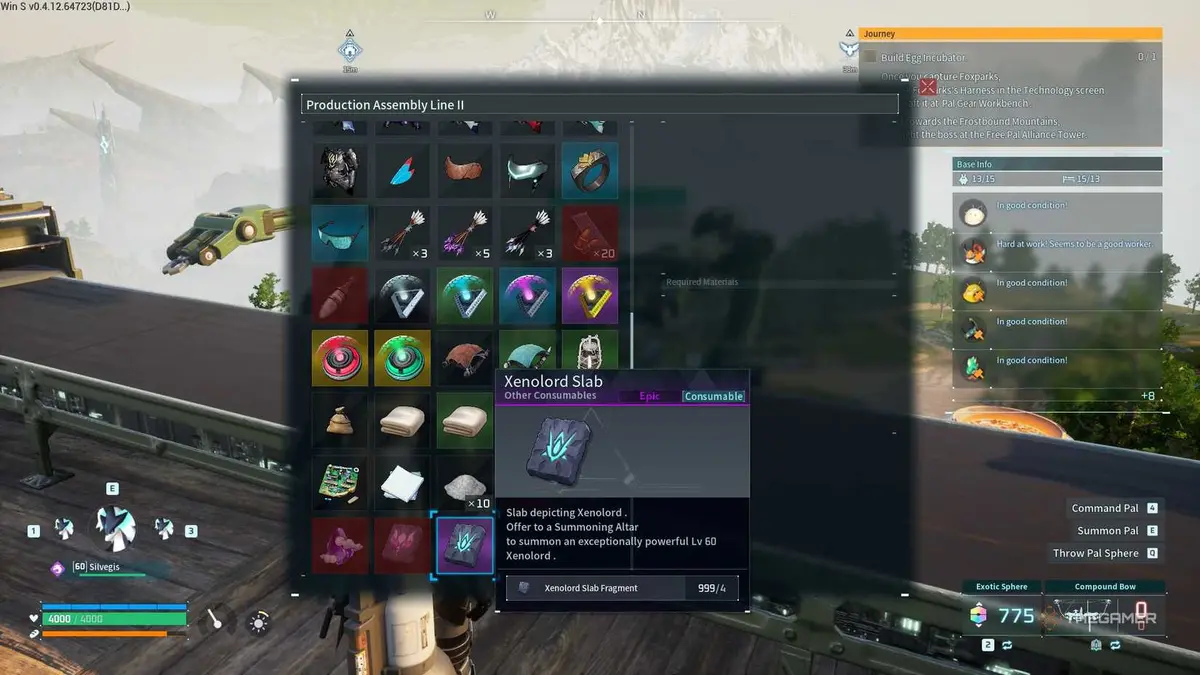 The player crafts a Xenolord Slab in Palworld.