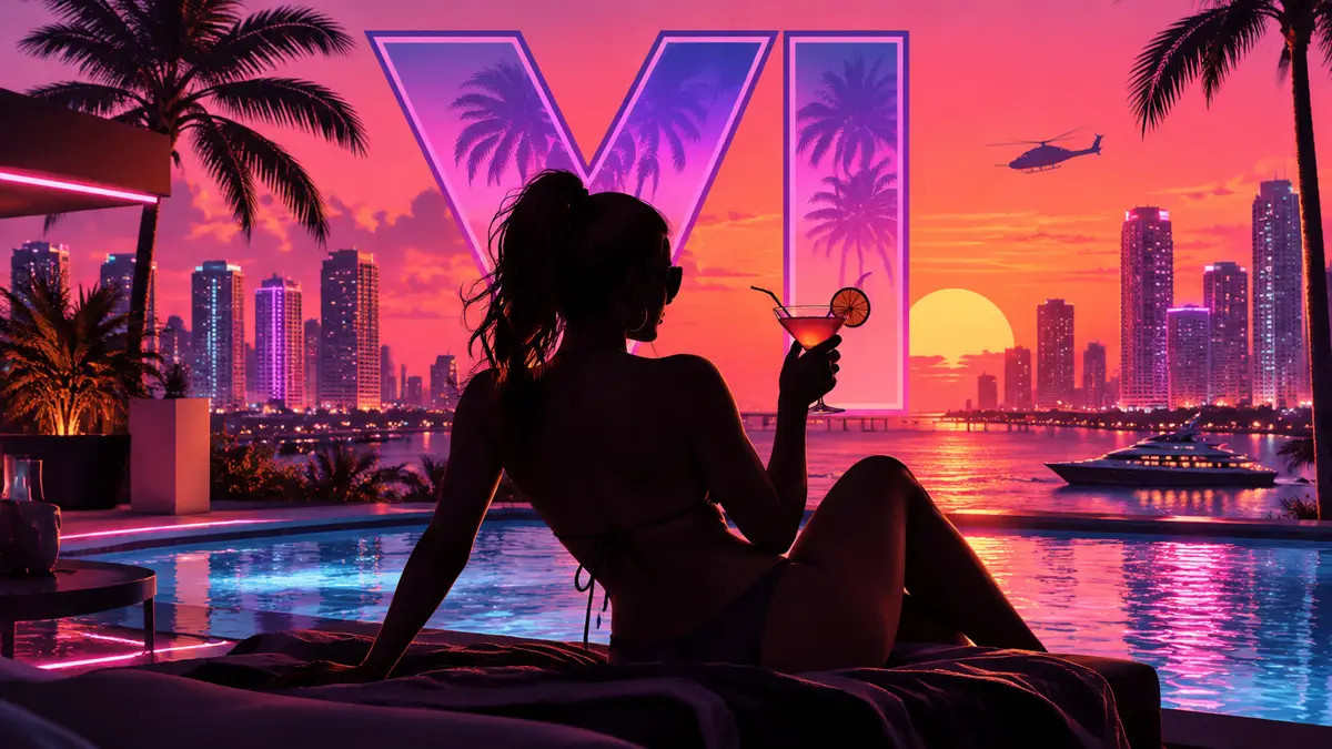 Люсия из GTA 6 отдыхает у бассейна с коктейлем, неоновый закат Вайс-Сити и логотип Grand Theft Auto VI