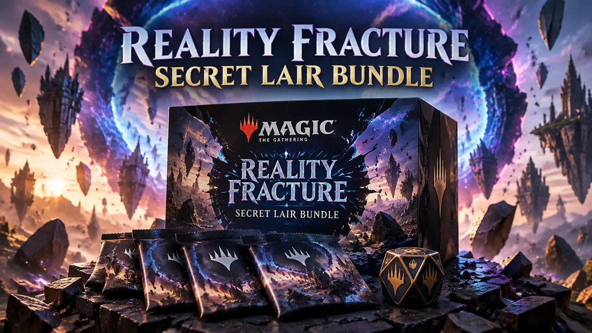 Бокс Magic: The Gathering Reality Fracture Secret Lair Bundle с бустерами и кубиком на фоне разлома