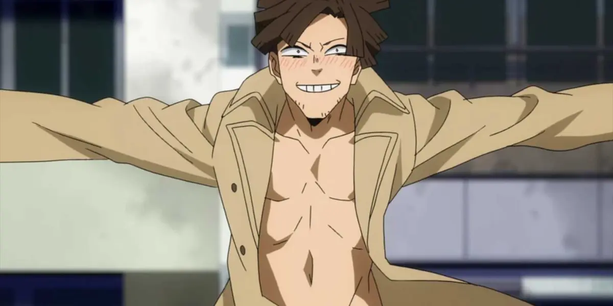Teruo Hazukashi gets naked in order to trigger his Shame Quirk in My Hero Academia.