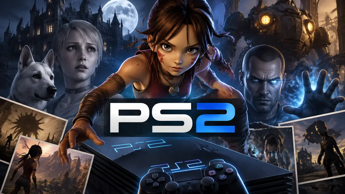 Девушка-героиня в стиле PS2-платформера на фоне мрачного замка и стимпанк-меха, ретро постер игр PS2