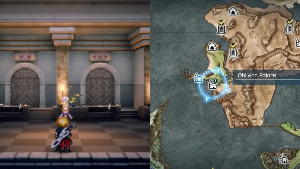 Rain stands in front of the princess in the Oblivion Palace in Final Fantasy Resonance.