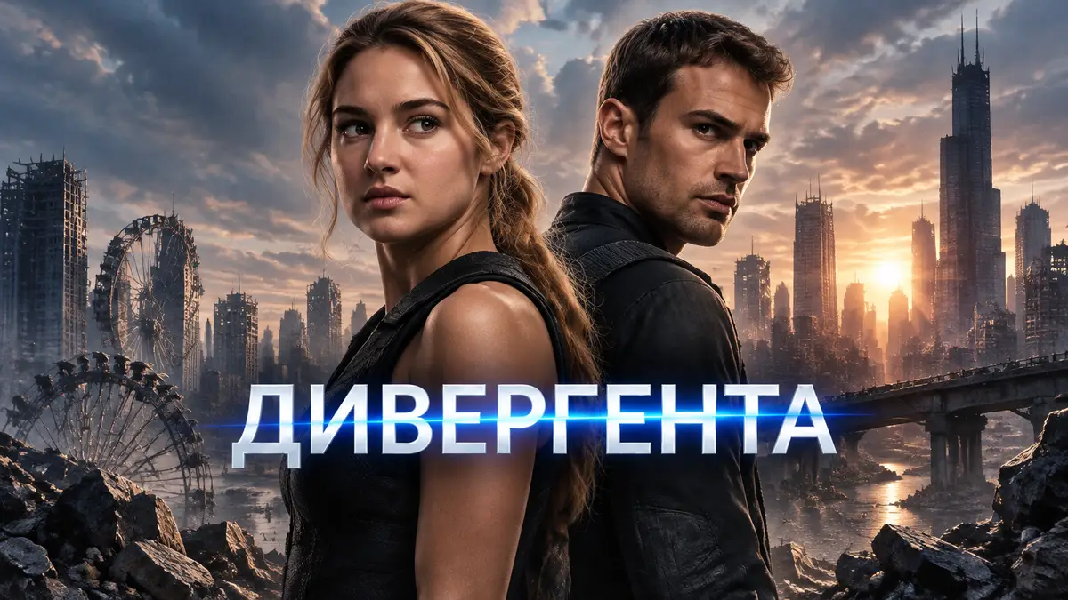 Трис Прайор и Четыре на фоне разрушенного футуристического Чикаго, постер в стиле франшизы «Дивергент»