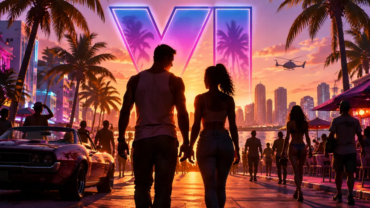 Джейсон и Лючия из GTA 6 на солнечной улице Leonida среди прохожих, неоновый логотип Grand Theft Auto VI