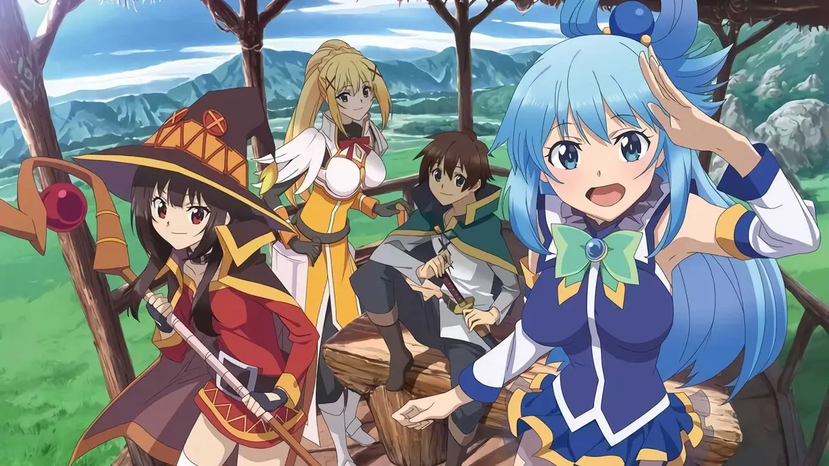 Kazuma, Megumin, Aqua and Darkness hanging around in KonoSuba.