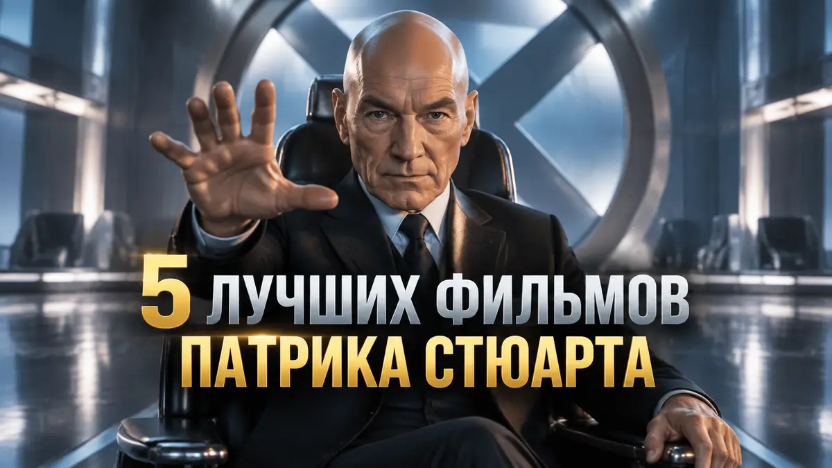 Патрик Стюарт в образе Профессора Икс на фоне футуристического зала Людей Икс