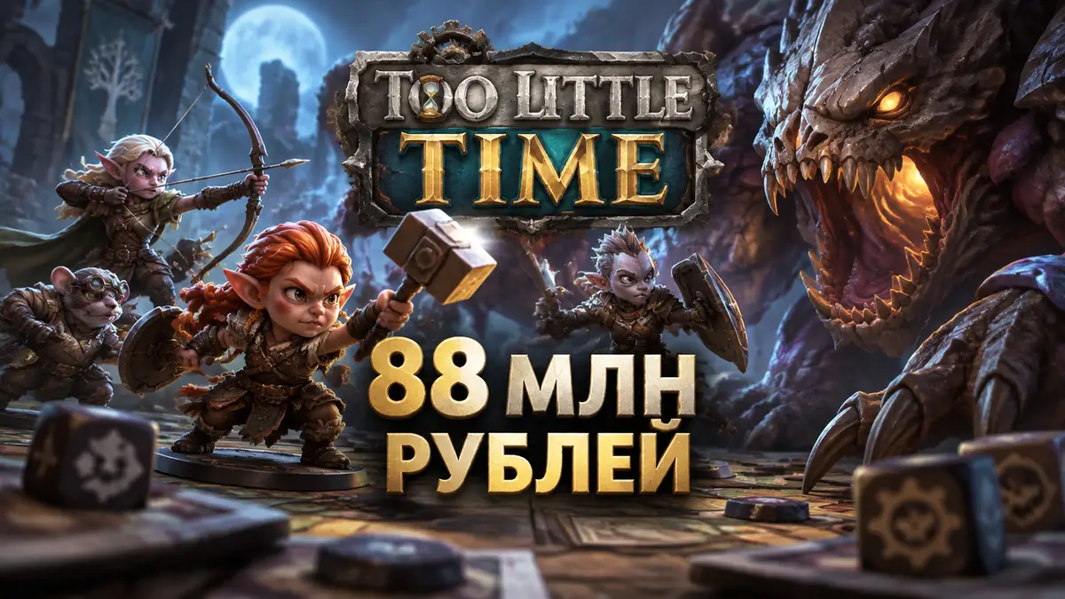 Герои фэнтези сражаются с монстром в настольной игре Too Little Time, логотип игры