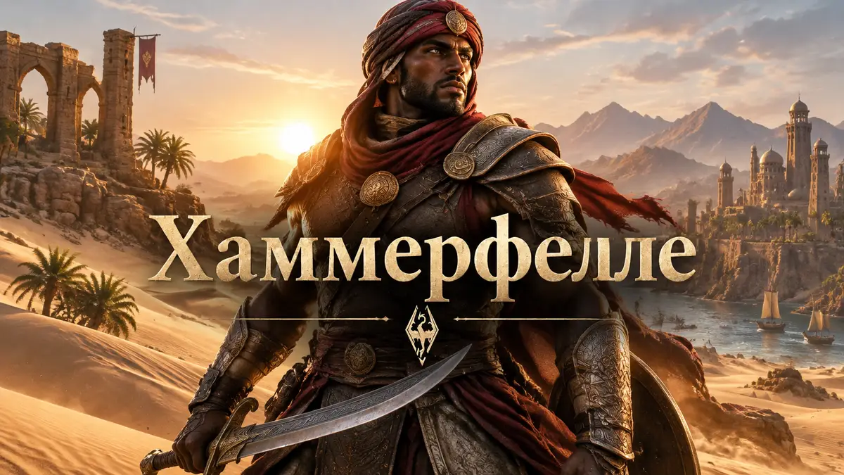 Воин-редгард в доспехах стоит среди дюн пустыни Alik'r в стиле The Elder Scrolls, мод для Skyrim