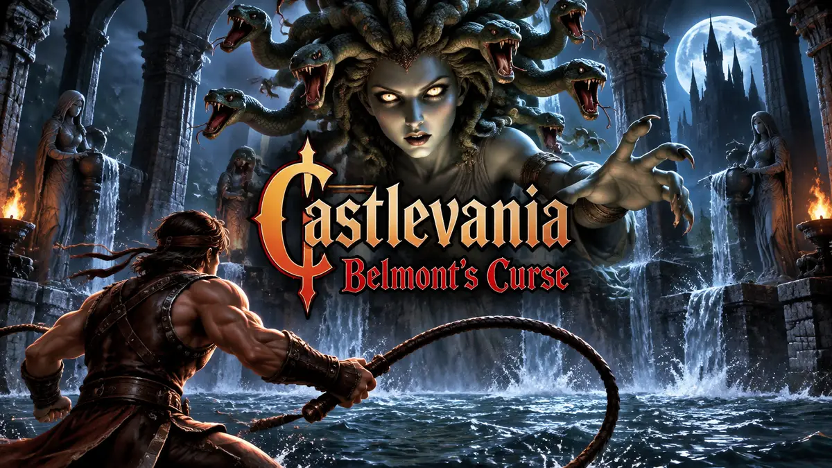 Медуза со змеями в волосах на готической арене, постер в стиле Castlevania: Belmont's Curse