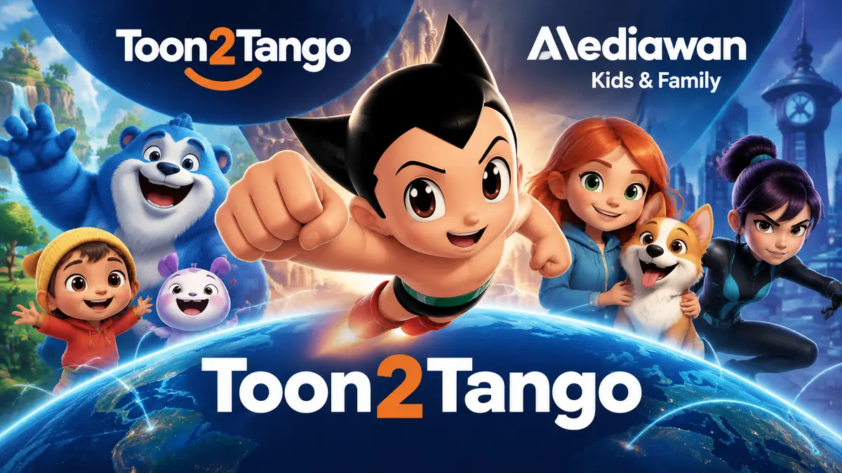 Астробой в центре постера среди героев Wadoo, Maddie + Triggs и Agent 203, логотипы Toon2Tango и Mediawan